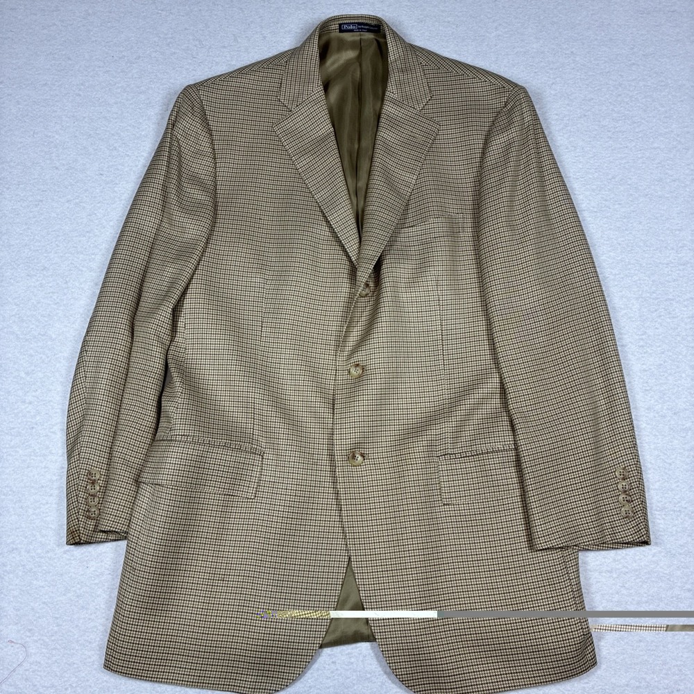Vintage Polo Ralph Lauren Houndstooth 100% Silk Blazer 44L Long Made In Italy